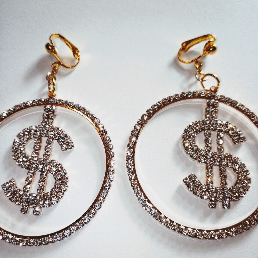 2" Gold Rhinestone $ Sign Hoop Clipon Earrings - Picture 5 of 6